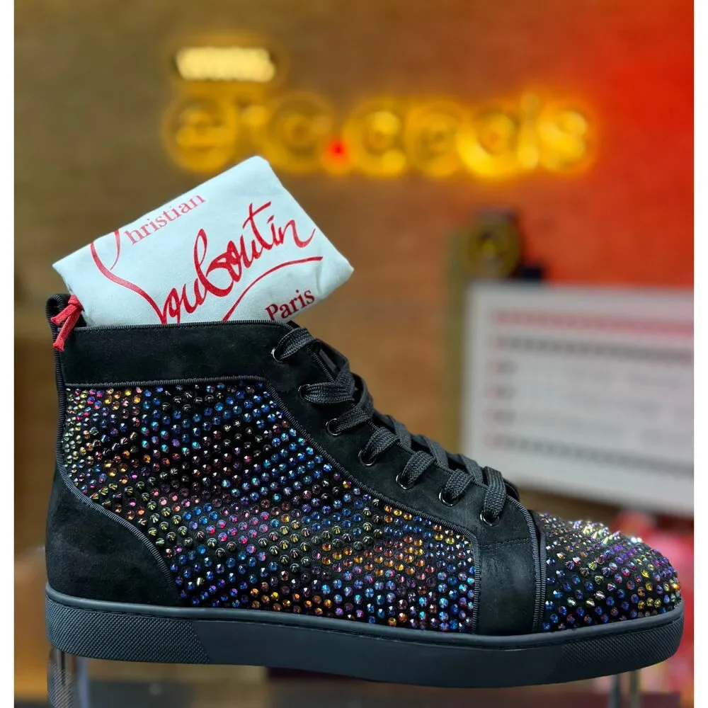 Christian Louboutin Men’s High-Top Sneakers Black Multicolor Crystal Strass Spi